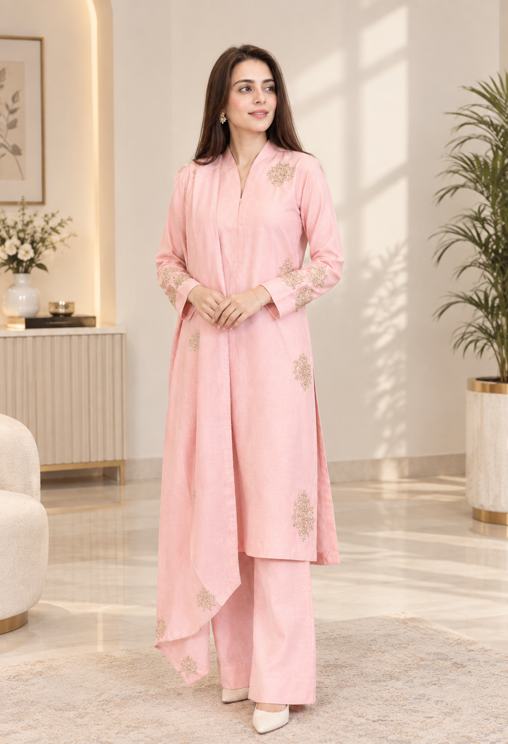 Elegant 2-Piece Cord Set – Embroidered Shirt & Bootcut Trouser